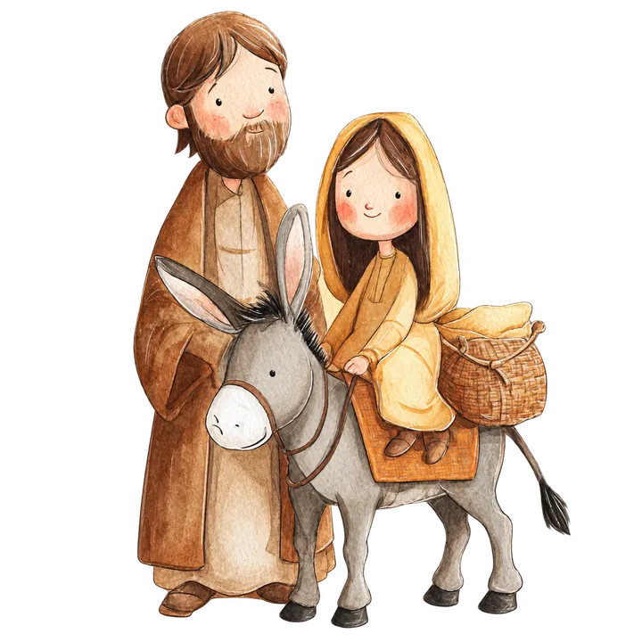 Maria e José em uma jornada com o burrinho, em aquarela.