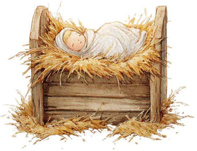 Menino Jesus descansando na manjedoura, em aquarela.